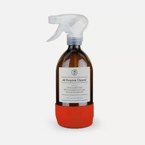 Amber Trigger Spray bottle with red Silicone Boot and natural Spray Head, white All-purpose cleaner Recipe Label