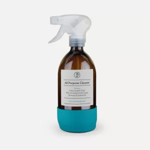 Trigger Spray bottle with turquoise Silicone Boot and All-purpose cleaner Recipe Label