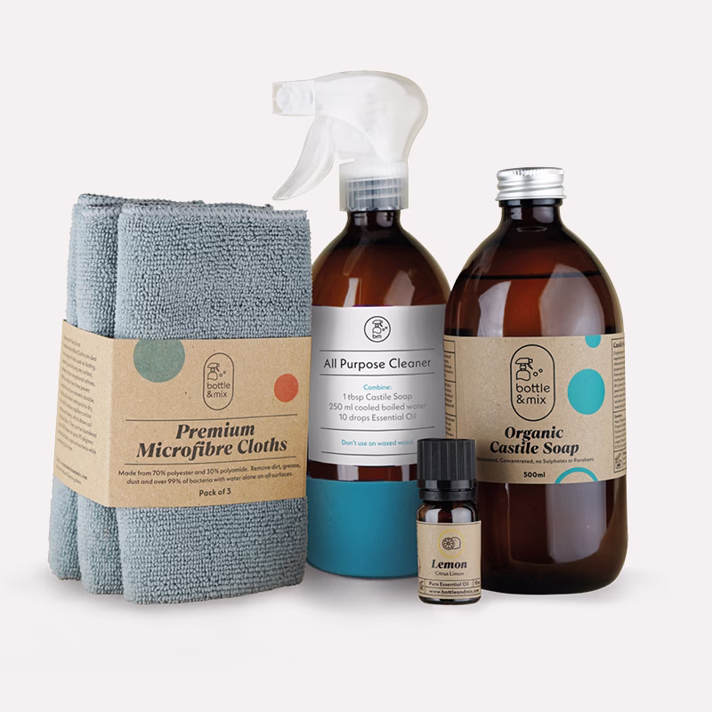 Bottle and Mix Allpurpose Kit containing Castile Soap, Trigger Spray Bottle with Label and Boot, Essential Oil 10 ml, and 3 Microfibre Cloths
