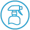 Round turquoise outline icon with a spraybottle head, representing the first step of making your own natural all-purpose cleaner by adding essential oils for a fresh, natural scent.