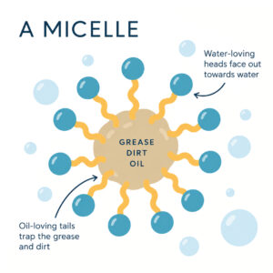 Micelle surrounding grease, dirt and oil with soap molecules