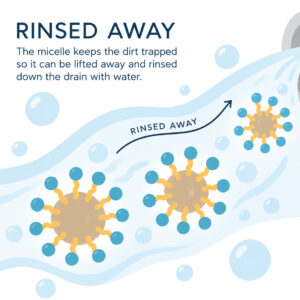 Micelles carrying trapped dirt away with rinsing water