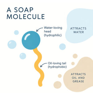 Soap molecule showing a water-loving head and oil-loving tail