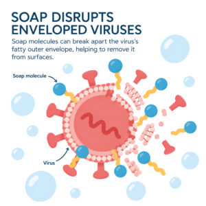 Soap molecules disrupting the fatty envelope of an enveloped virus